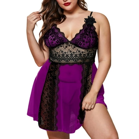Enwejyy Women s Valentine s Day Honeymoon Lace Mesh Sleeveless V-Neck Sexy Sheer Negligee Babydoll Nightdress Plus Lingerie