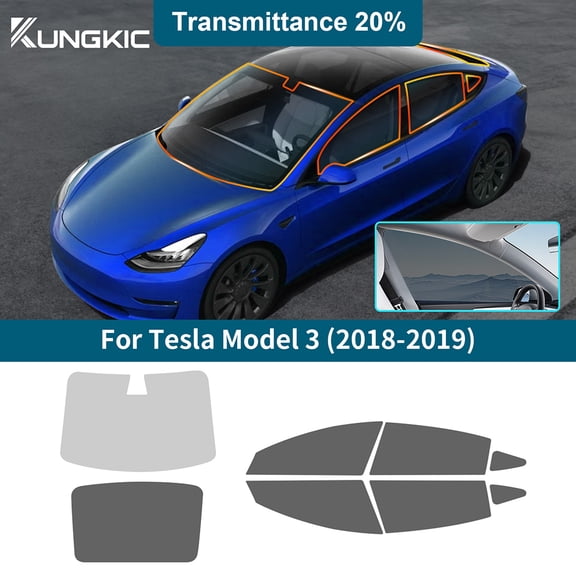 Pre-cut Window Film Tint Kit for Tesla Model 3 2018-2019 Solar Film PVC Complete Vehicle Set UV Reduction, Car Front Gear 80% Other 20%, 8pcs