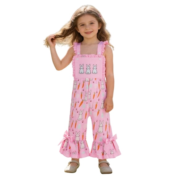 CUZIBR Girls Baby Jumpsuits Outfits Easter Egg Bunny Embroidery Plaid Ruffles Soft Summer Flared Pants Suspenders Cute Overalls Romper Holiday Outfit Onesies Bell Bottoms Trendy Clothes,Pink,2-3Years
