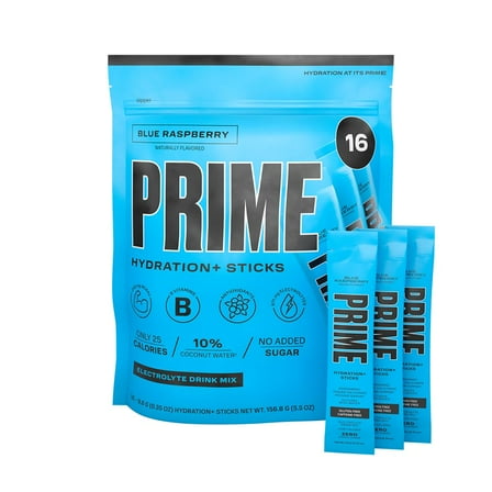 Prime Hydration+ Stick Pack | Blue Raspberry | Electrolyte Drink Mix | 10% Coconut Water | 250Mg Bcaas | Antioxidants | Naturally Flavored | Zero Added Sugar | Easy Open Single-Serve Sticks (16 S