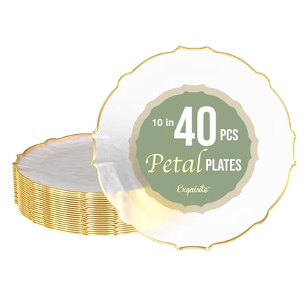 Exquisite Elegant Plastic Plates For Party 40 Dinner Plates - 40 x 10.25 inch Plastic Dessert Plates Set - Thin Delicate Fancy Plastic Plates Disposable Plates for Party Plates | Clear - Gold Rim