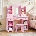 thumbnail image 2 of LAZY BUDDY Kids Vanity Table with 3-Color Lights & Acrylic Mirror, Toddler Makeup Dressing Table with Stool, Drawers & Storage Shelves, Princess Pretend Play Vanity Desk Set with Anti-Tip Device, 2 of 10