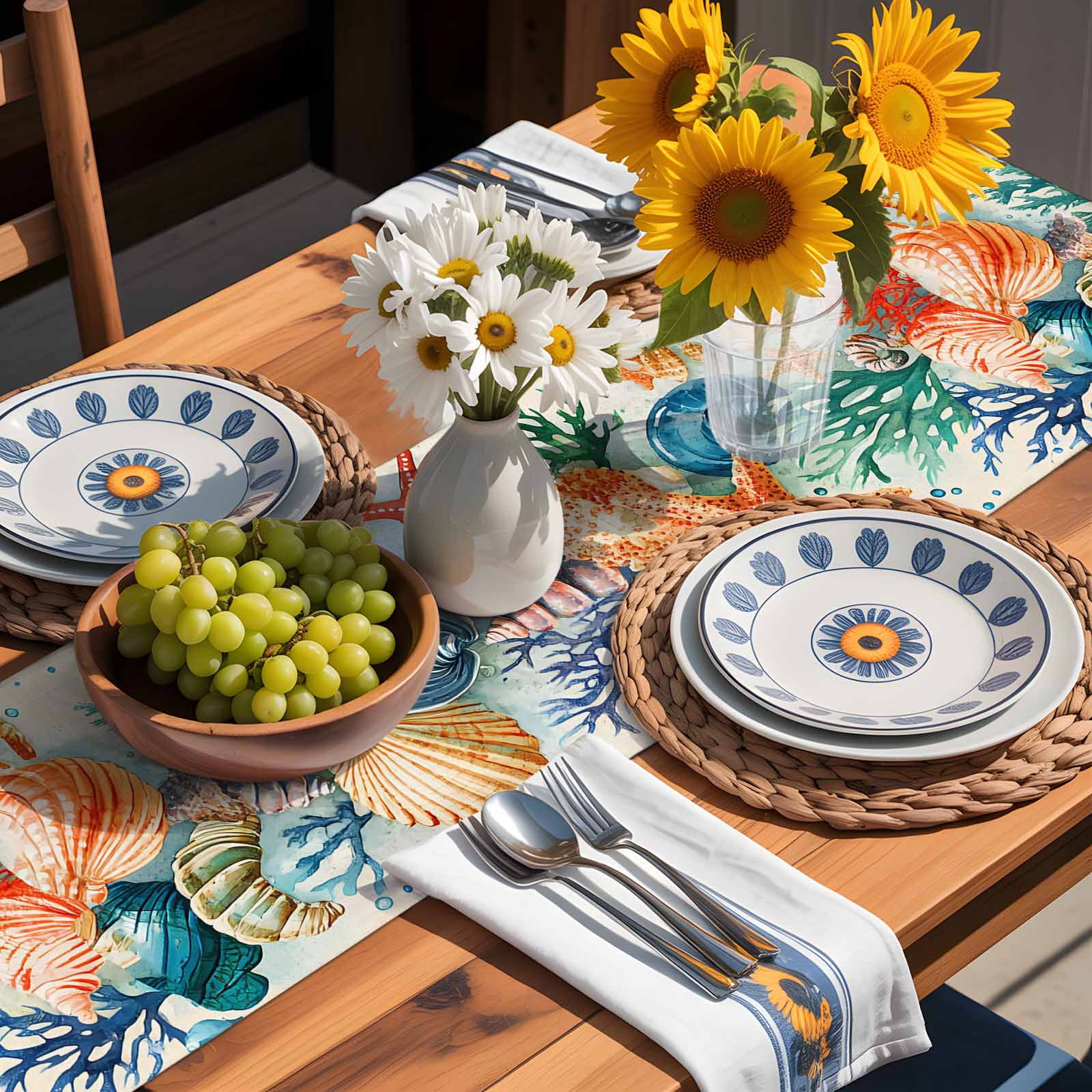 Ocean Starfish Shell Conch Table Runner 90 Inches Long, Sea Coral Underwater World Table Runners Tabletop Scarf Kitchen Dining Tables Decoration for Home Party Indoor Outdoor