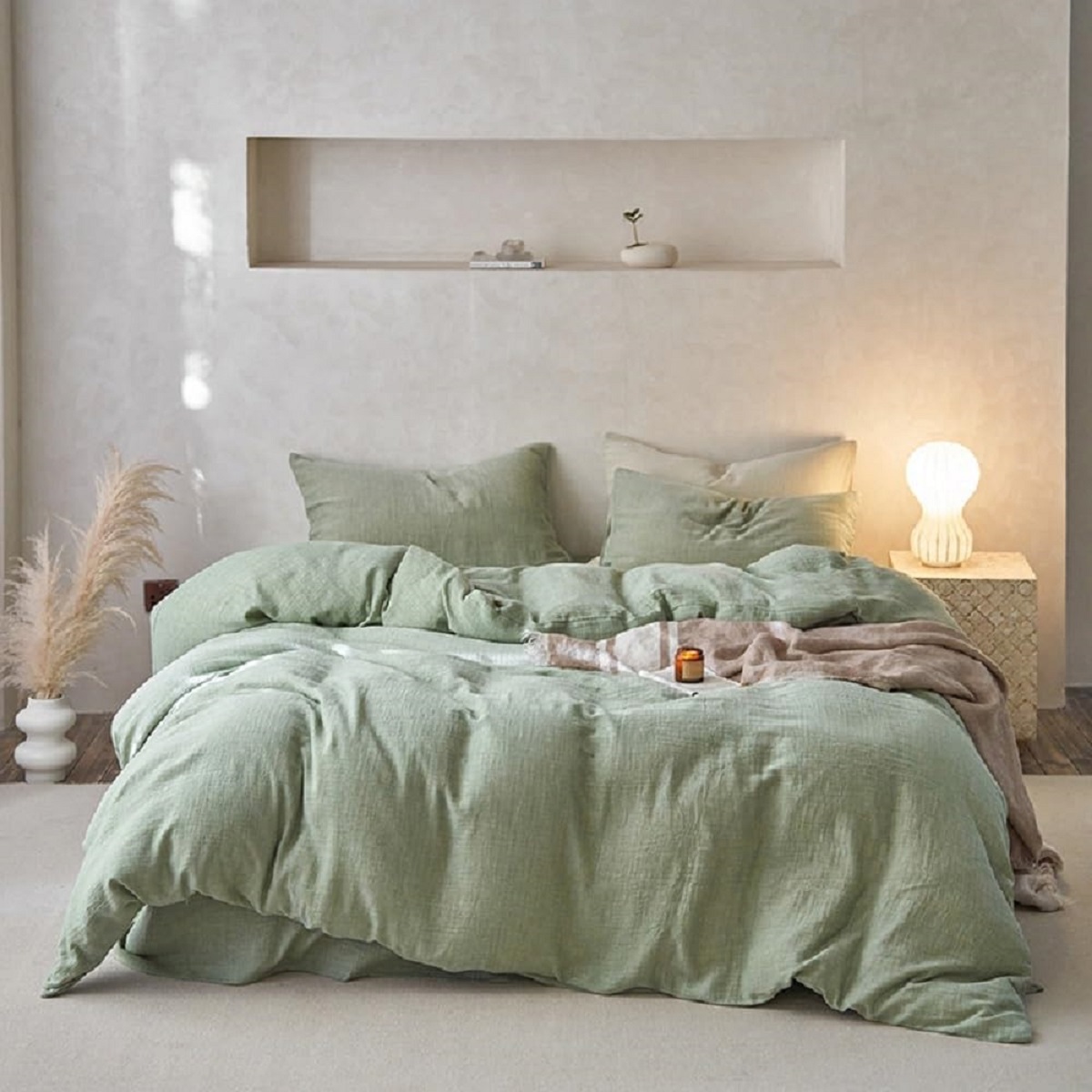 Muslin Duvet Cover Set 100% Cotton King Size Double Layer Linen Like Gauze Comforter Cover Solid Green