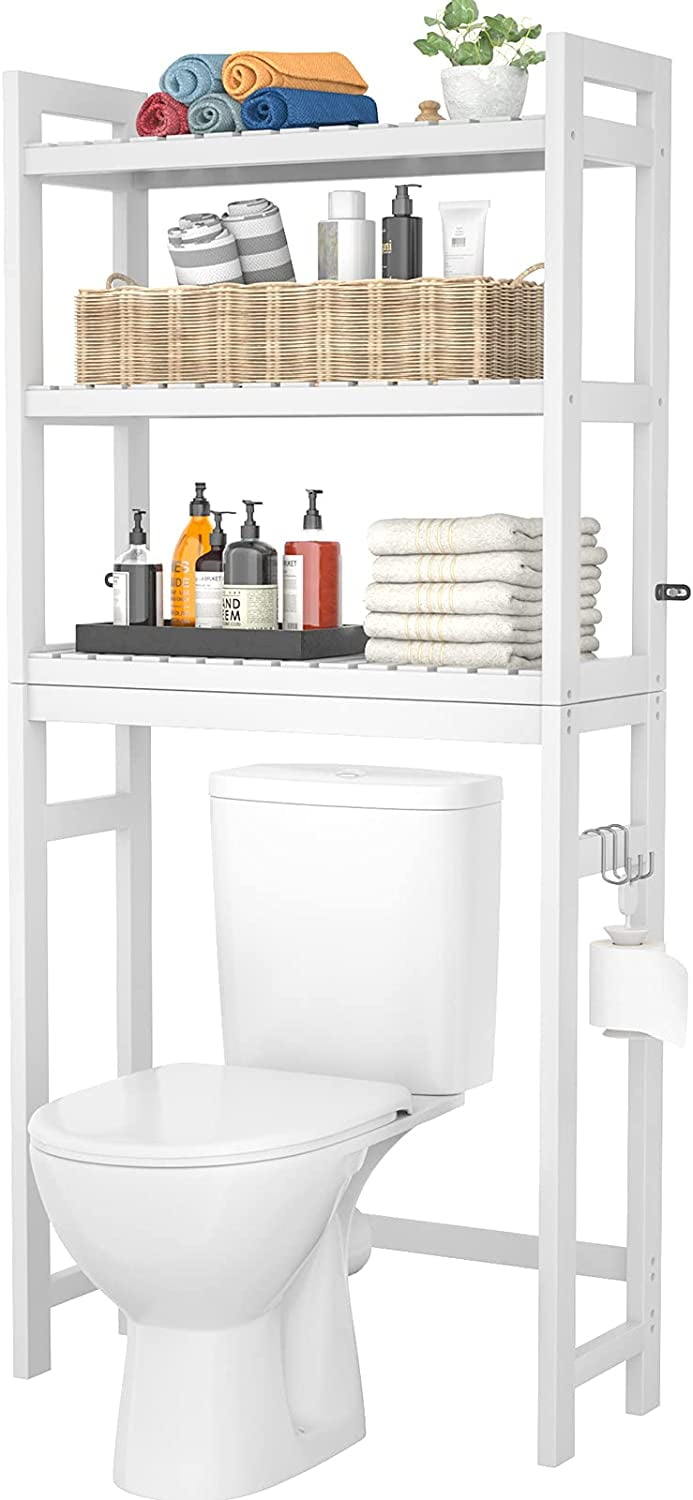hanvate Over The Toilet Storage Cabinet with 3-Tier Adjustable Shelf,  Carbon Steel Over Toilet Bathroom Organizer Rack with 3 Hooks, Space-Saving  for
