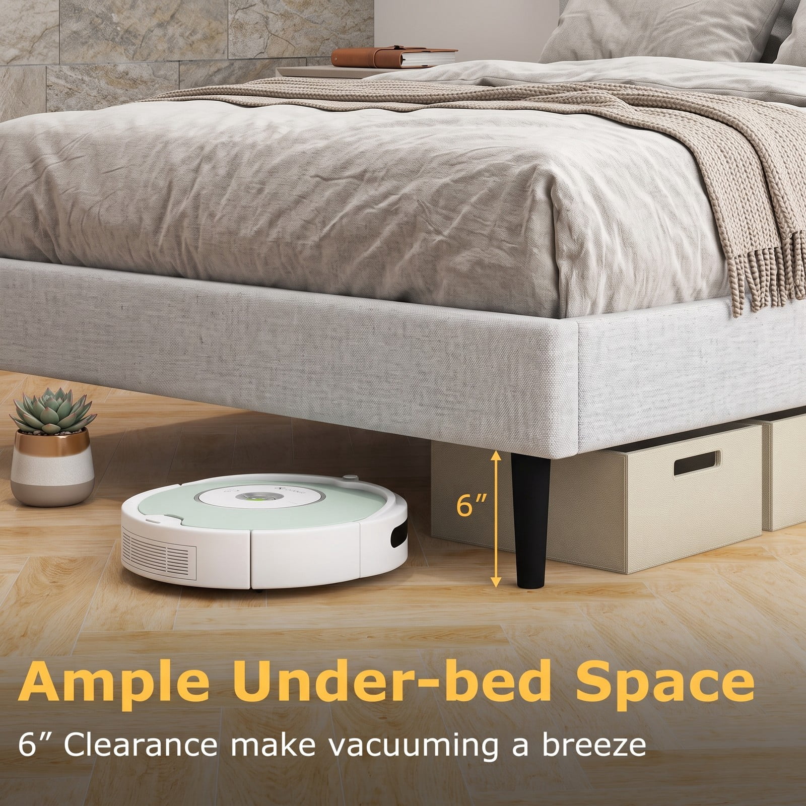 Furnibear Queen Bed Frame with Headboard, Linen Upholstered Platform Bed Frame with Wingback Channel Headboard and Wood Slats, Gray