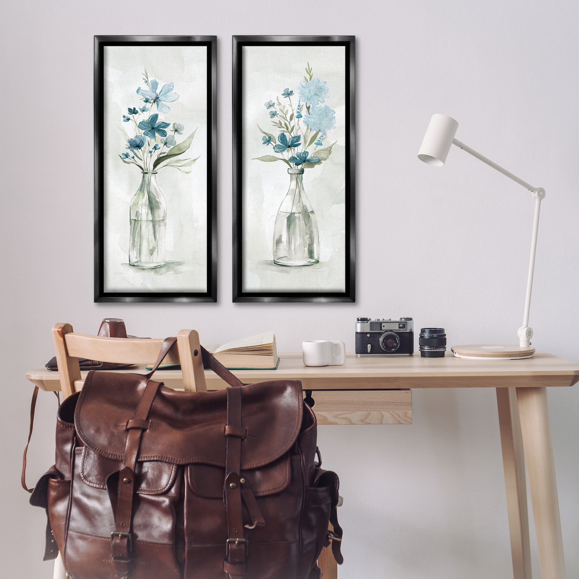 Stupell Industries Elegant Indigo Lilac Flower Jars Botanical & Floral Painting Black Floater Framed Canvas Art Print Wall Art, 15 x 31, Set of 2