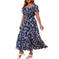 thumbnail image 5 of GRACE & GRANDEUR Women's Plus Size Floral Dress Tie Square Neck Smocked Waist Short Sleeve Side Slit Beach A Line Maxi Dresses 1X Navy Blue, 5 of 8