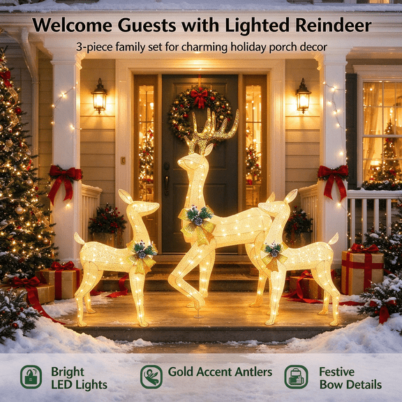 2D Outdoor LED Reindeer Family Christmas Decorations, Warm White Lighted Deer Yard Art With Stakes, Waterproof Garden Lawn Holiday Display