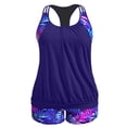thumbnail image 1 of Traje de baño Tankini Holipick azul con hojas moradas para mujer, talla grande, 1 of 6