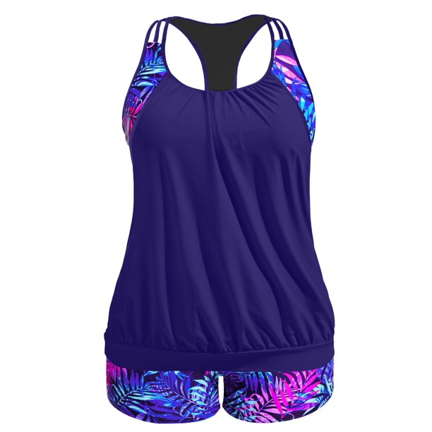 Traje de baño Tankini Holipick azul con hojas moradas para mujer, talla grande
