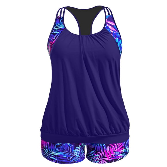 Traje de baño Tankini Holipick azul con hojas moradas para mujer, talla grande