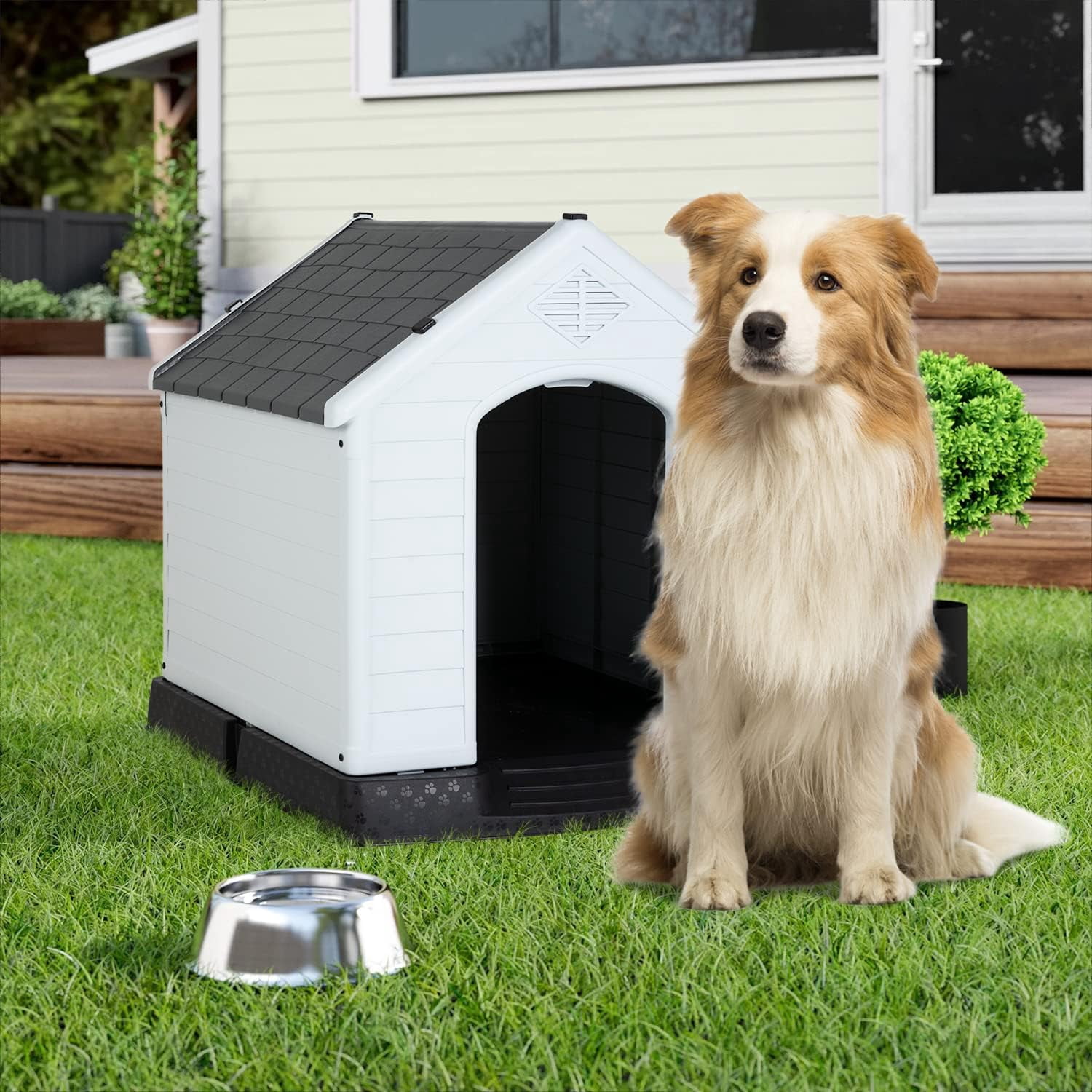 Dkelincs 28 inch Durable Plastic Dog House Indoor Outdoor Weatherproof Pet House with Air Vents and Elevated Floor, Gray