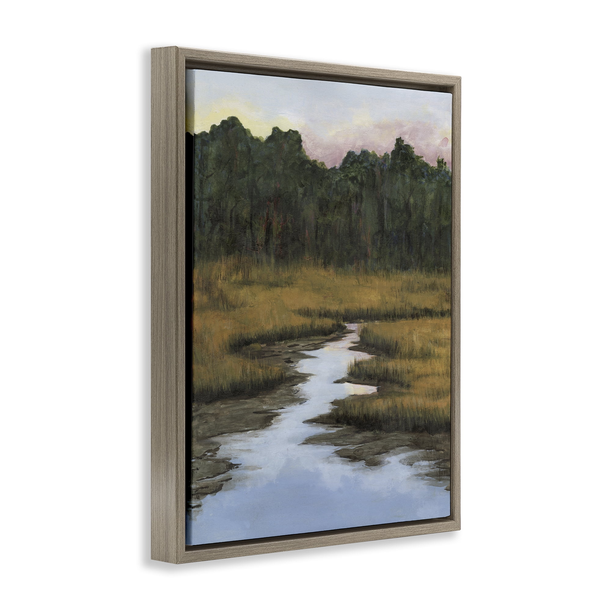 Stupell Industries Peaceful River Receding Landscape & Nature Painting Brown Floater Framed Canvas Art Print Wall Art, 17 x 21
