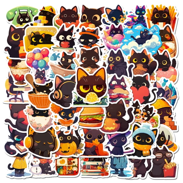 Paquete de pegatinas de vinilo impermeable con temática de gato negro, 50 unidades