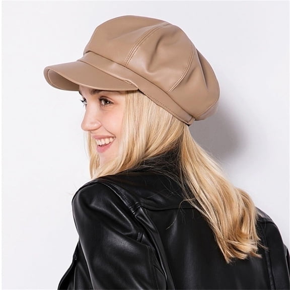 Minzimin Women's PU Leather Plain 8 Panel Octagonal Hat British Style Artist Painter Newsboy Cap