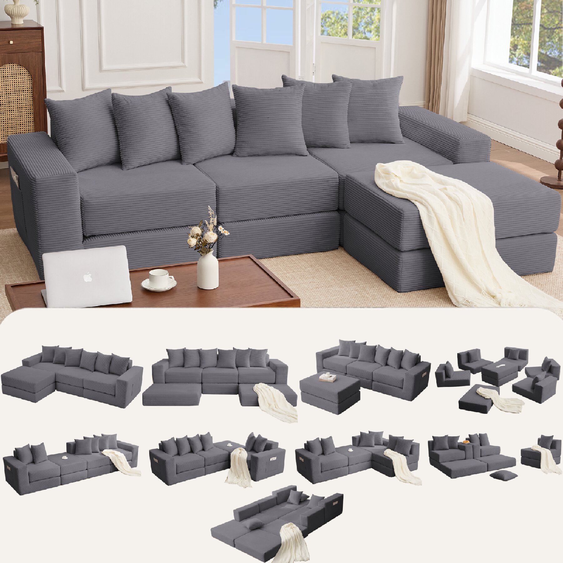 10-in-1 Convertible Sectional Sofa Couch with Side Pocket, 4-Seaters L Shaped Modular Sofa with 6 Pillows, Corduroy Corner Floor Sleeper Sofa for Living Room, Apartment, Office, Dark Grey