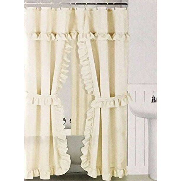 DOUBLE SWAG FABRIC SHOWER CURTAIN, LINER, RINGS, DOBBY DOT DESIGN