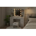 thumbnail image 5 of Vanity Desk with Mirror,LED Lights and Power Outlet,55.7" Makeup Vanity Table with Storage,Vanity Desk Set for Bedroom Dressing Room,3 Lighting Modes,Brightness Adjustable, 5 of 9