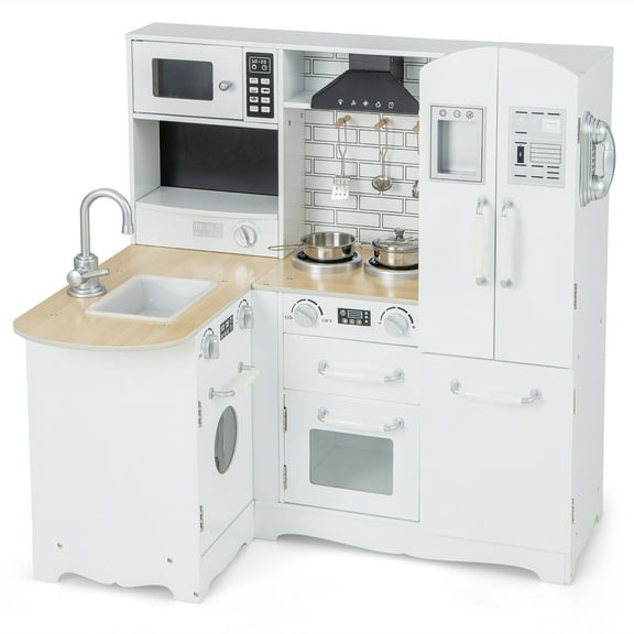 Gymax Kid's Corner Kitchen Playset Wooden Chef Play w/ Stove Utensils & Refrigerator