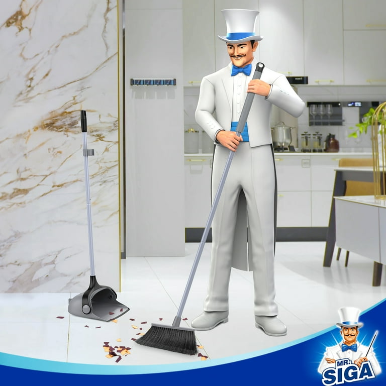 MR.Siga Broom and Dustpan Set with Adjustable Long Handle, Upright Combo  for Floor, Cleaning Lobby, Gray