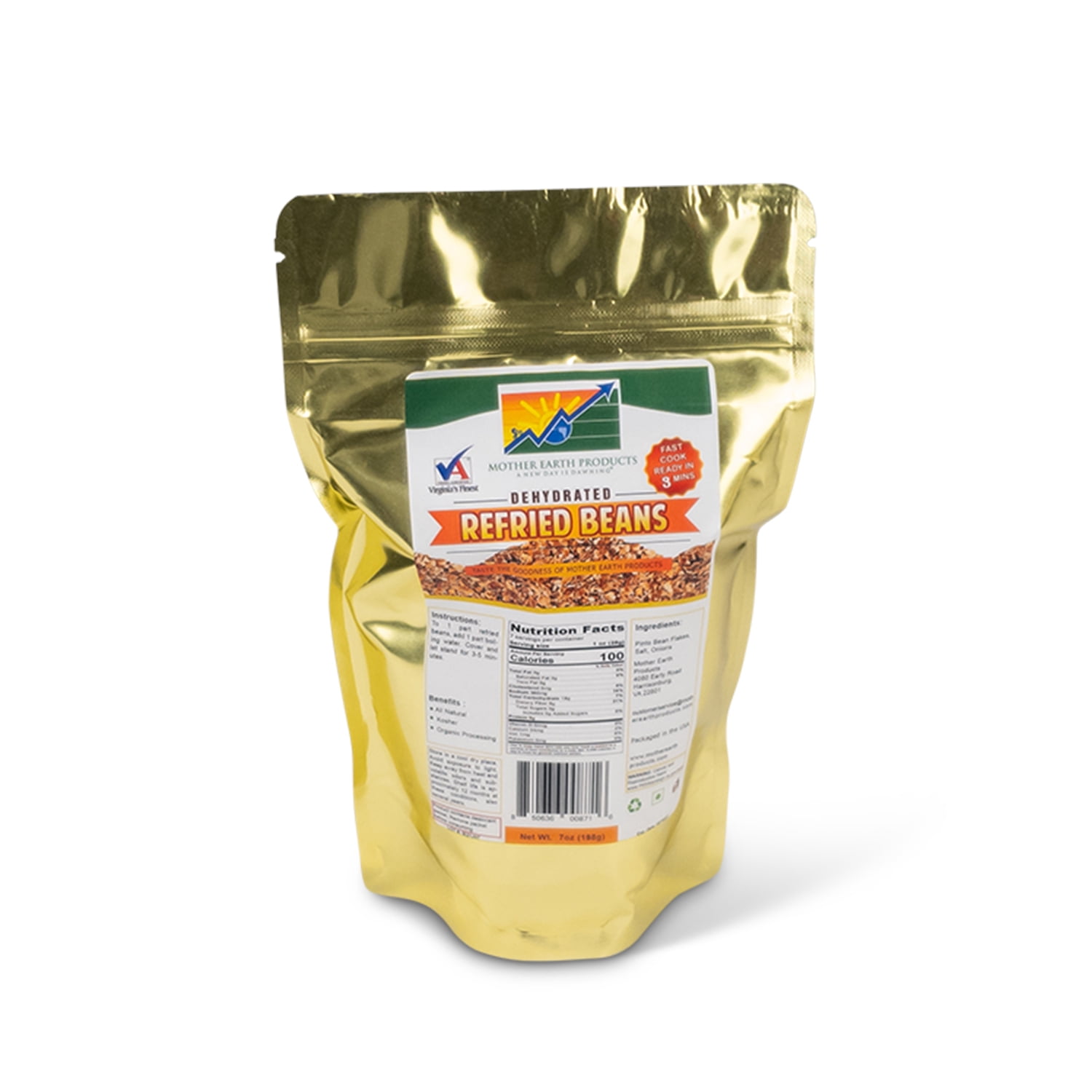 Mother Earth Products Dehydrated Refried Beans Mix, 2 Full Cup Mylar