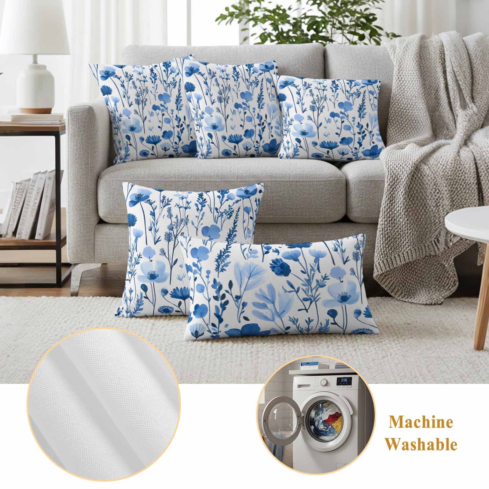 Spring Watercolor Pillow Covers 2 Pack Blue Flower Leaves Floral Pillowcase Waterproof Outdoor Throw Pillow Cover for Patio Garden Square Cushion 20”x20”