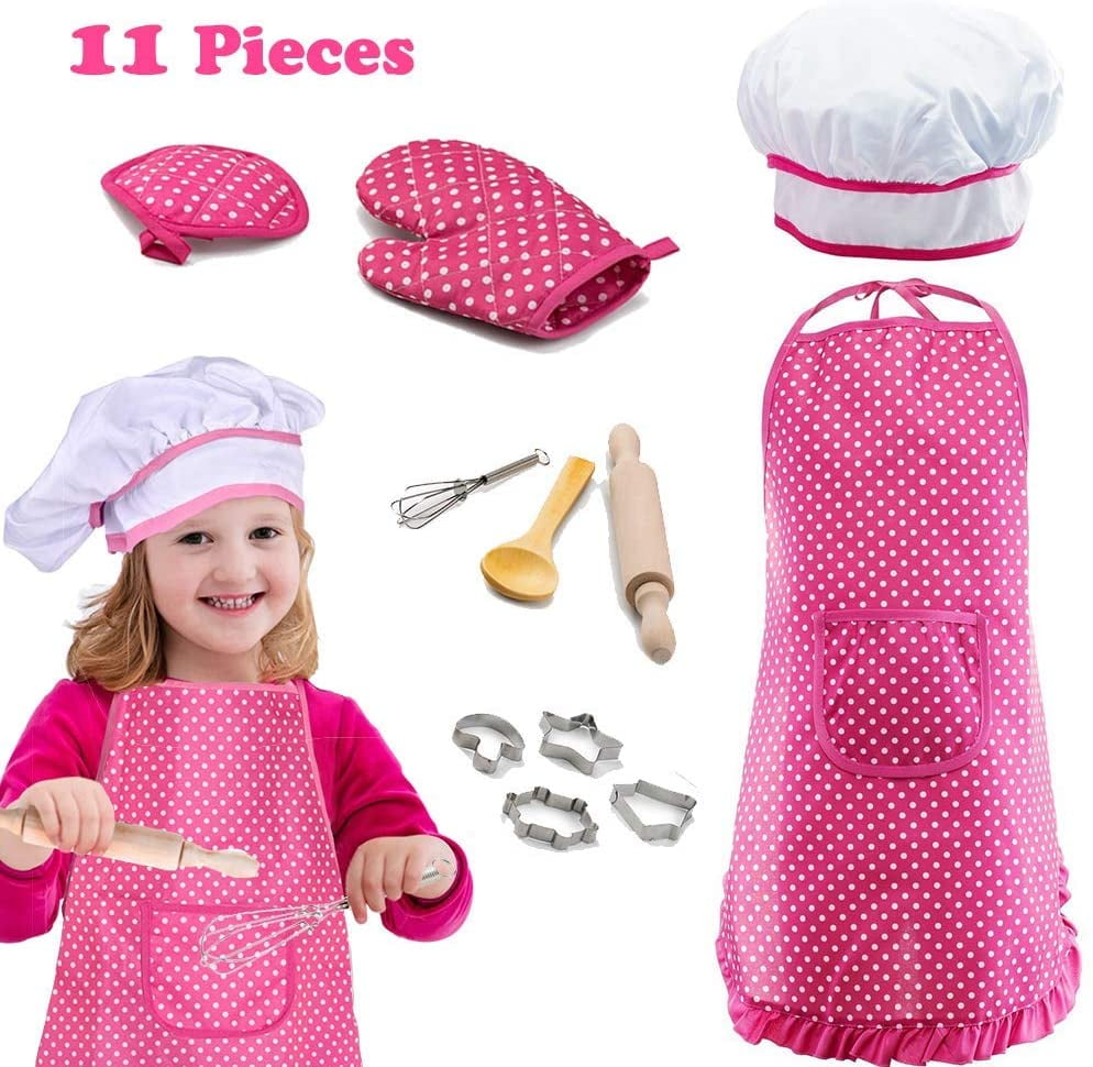 Chef Hat Pink 02 Cookie Cutters Kids Chef Dress Up Role Play Toys Oven Mitt Wooden Spoon Includes Apron Tiaoyeer Kids Cooking and Baking Set Silicone Cupcake Moulds for Little Girls Gift