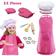 Kids Cooking and Baking Chef Set - 11 Pcs Include Chef Hat, Apron, Glove, Hot Pad, Whisk, Wood Spoon, Rolling Pin and 4 Cookie Cutter for Girls Age 3 4 5+ Years Old Kids Toys