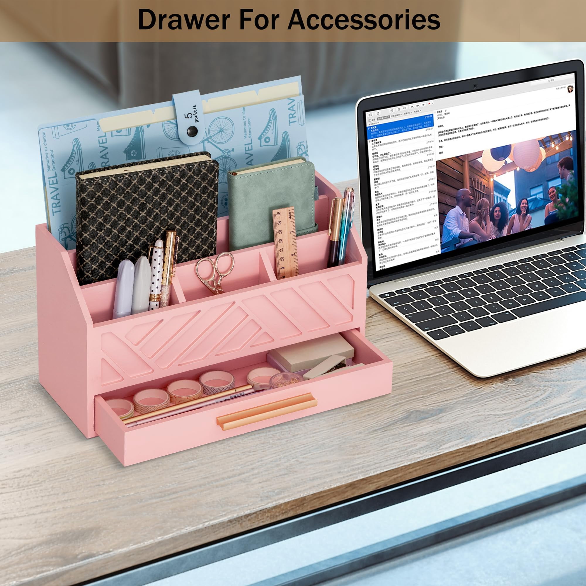Brown Wood Desk Organizer and Accessories with Drawer, Bill Mail Organizer and File Mail Holder for Office Supplies, Modern Desk Accessories & Workspace Organizers for Desk Organization