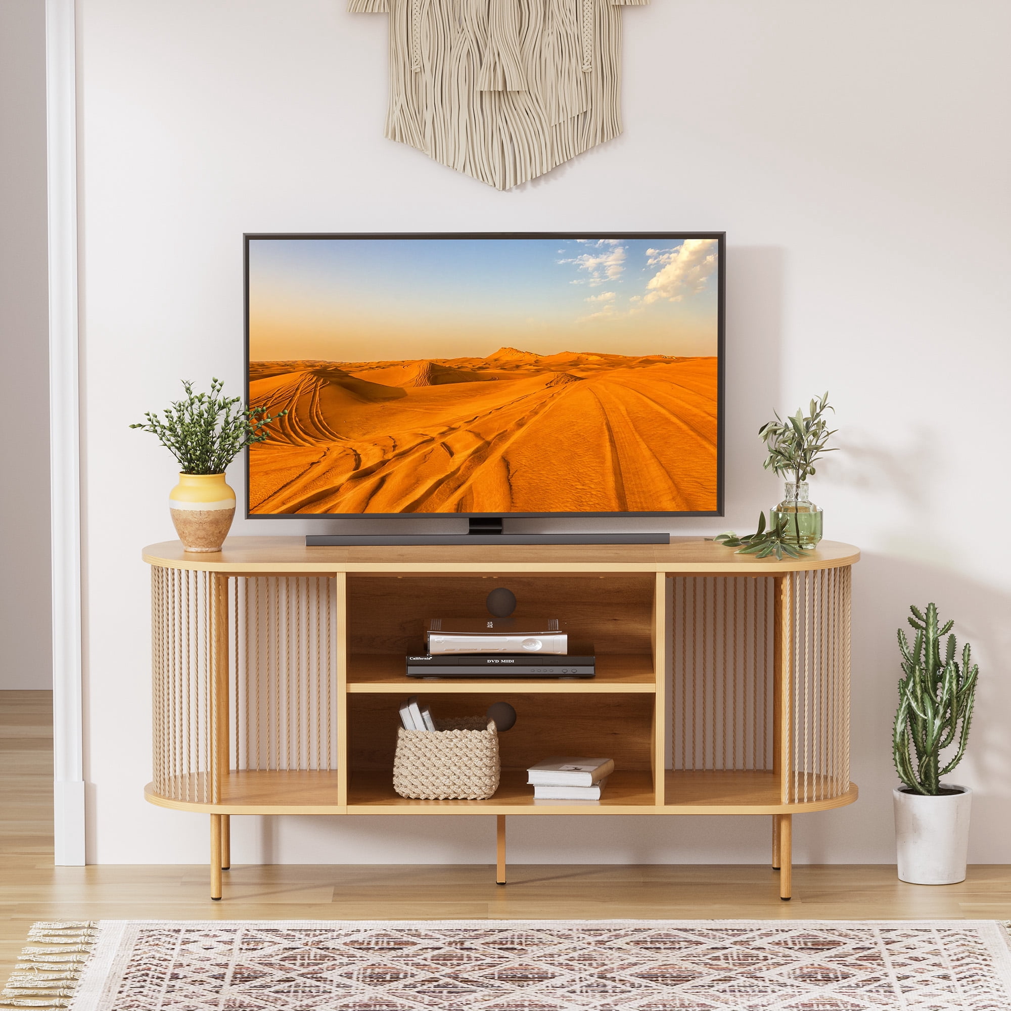 Brafabhome Oval Boho Natural Rope Woven TV Stand up to 60" TV, Mid-Century Media Console Table with Storage Shelf for Living Room, Modern Entertainment Center for Bedroom | Beige