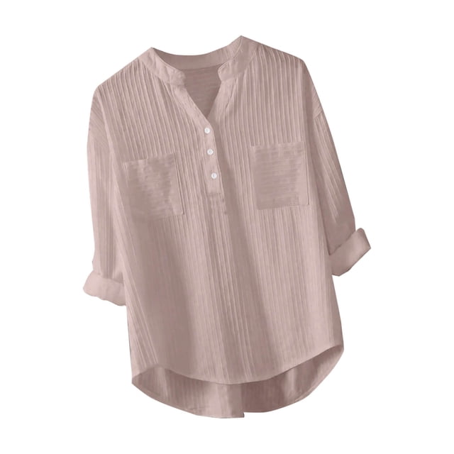 Timegard Womens Tops Notched V-Neck Button Long Sleeve Lightweight Tshirts Fall Casual Loose Tops Blouse