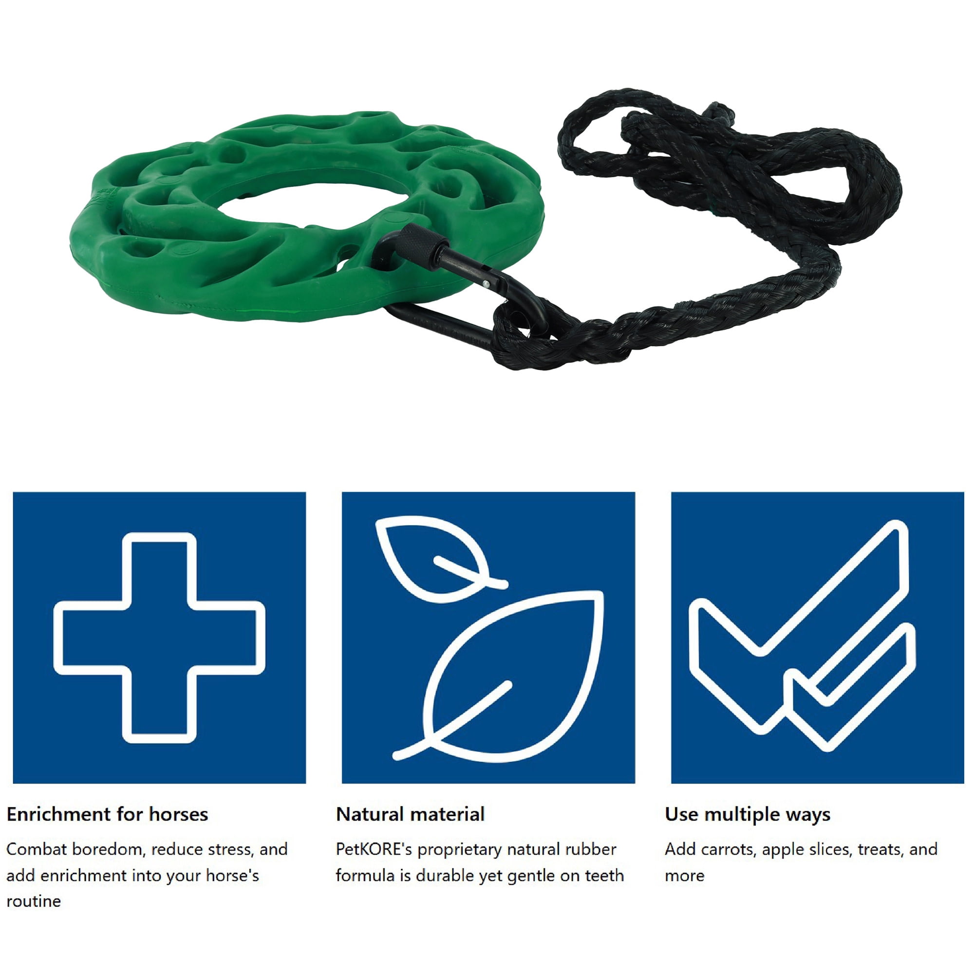 PetKORE: Luna Ring - Horse-Equine - 9" Green, Rubber Treat Puzzle Toy with Hanging Kit, Carabiner & Rope, Fun Mental Stimulation & Stress Relief Play