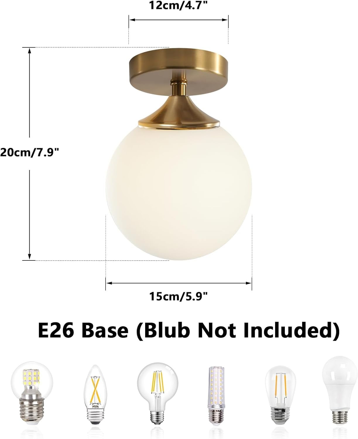 KCO Lighting Milk Glass Globe Semi Flush Mount Ceiling Light Mid Century Modern Gold Ceiling Lamp