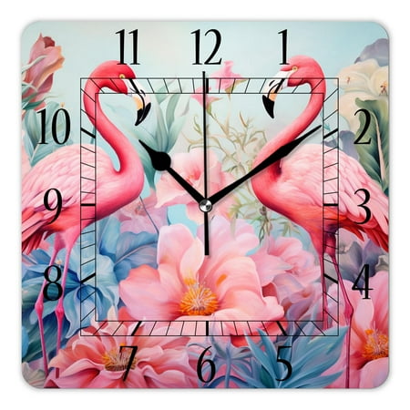 14 Inch Wall Clock Battery Operated Square Clock Decorative for Office, Kitchen, Outdoor, Living Room，Exotic Flamingo and Hummingbird Elegant