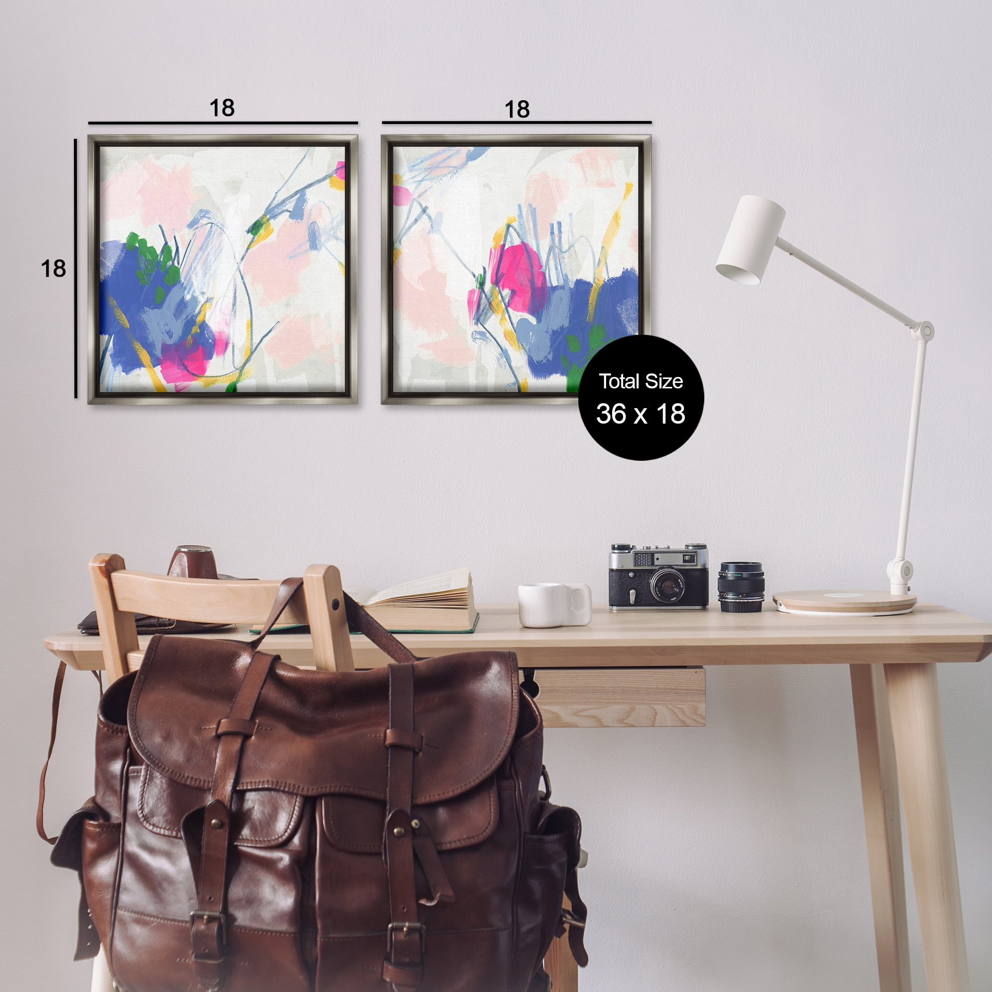 Stupell Industries Pink Blue Pop Abstract Abstract Painting Gray Floater Framed Canvas Art Print Wall Art, 18 x 18, Set of 2