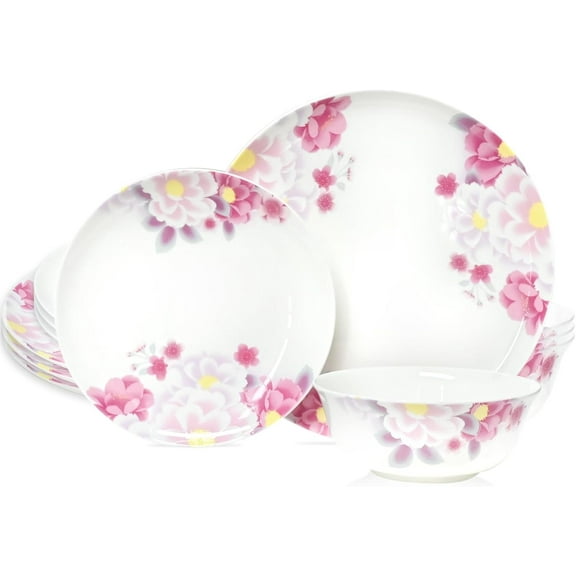 Plates and Bowls Sets Dish Set Fine Bone China Dinnerware Sets for 4, China Plates Set Floral 12-Piece Porcelain Ceramic Dinner Plates Sets for Kitchen, Christmas Women Gifts (Pink)