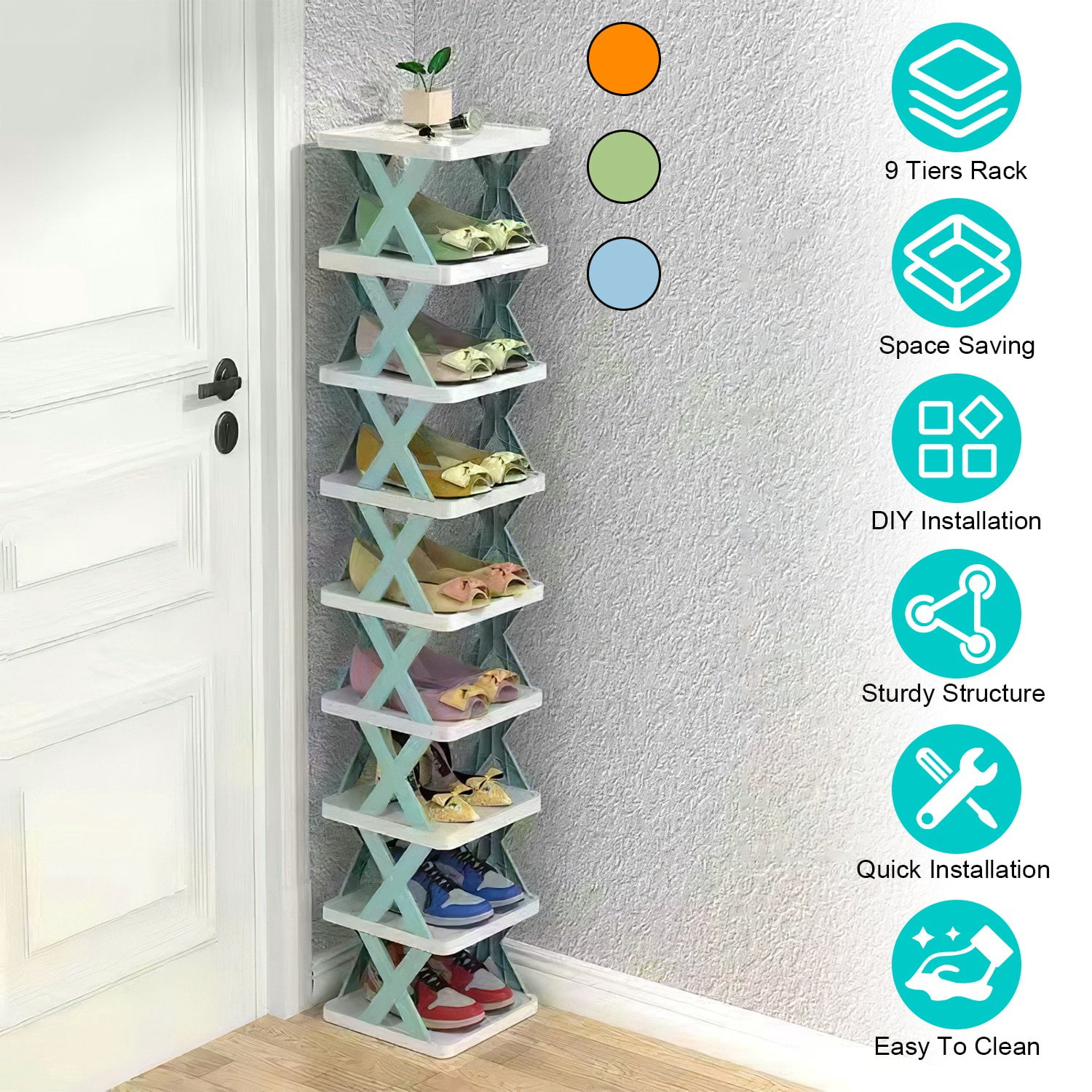 9-Tier Stackable Vertical Shoe Rack TeqHome DIY Narrow Free Standing Shoe Organizer Space Saving for Entryway and Bedroom Green