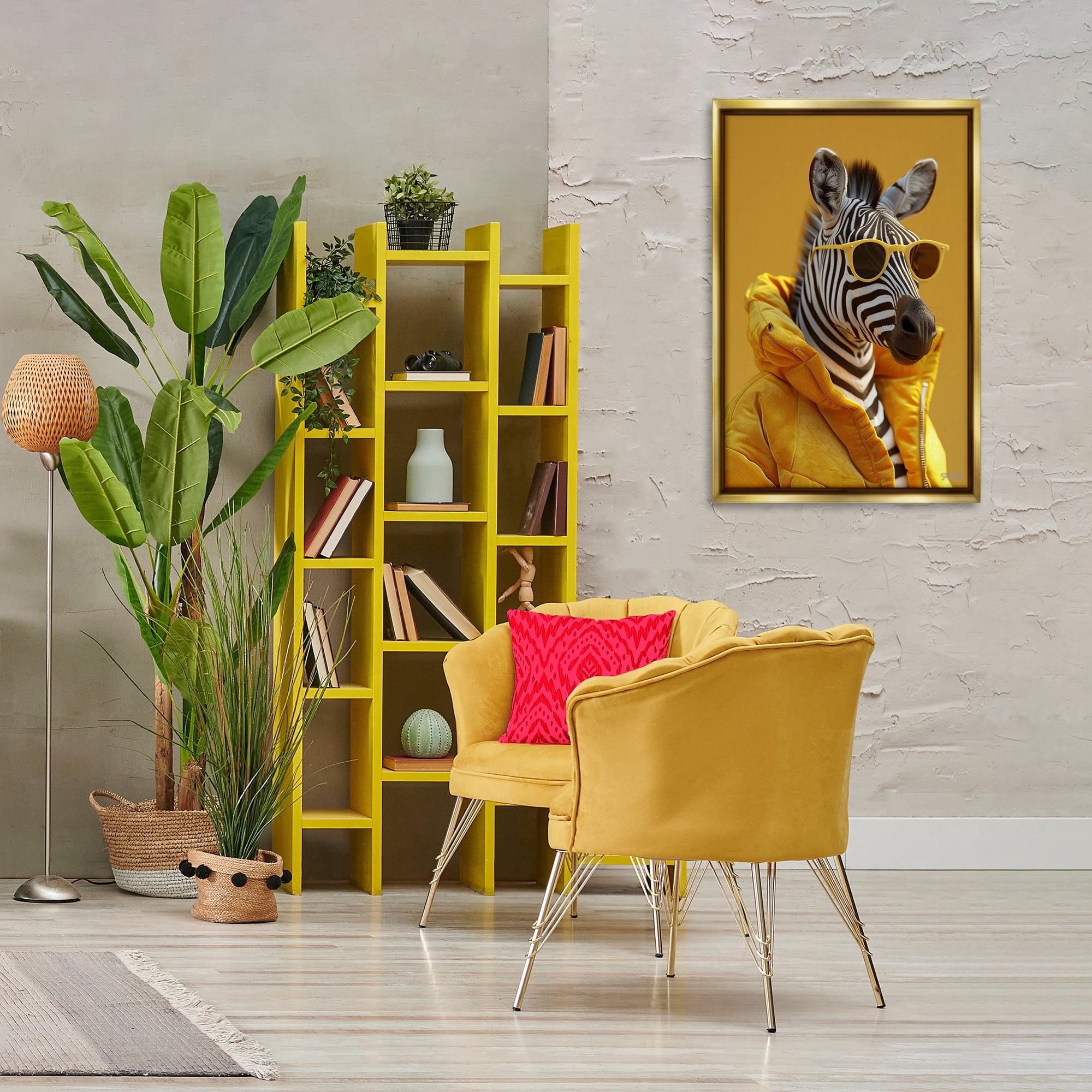 Stupell Industries Bold Zebra in Yellow Animals & Insects Painting Gold Floater Framed Canvas Art Print Wall Art, 21 x 31