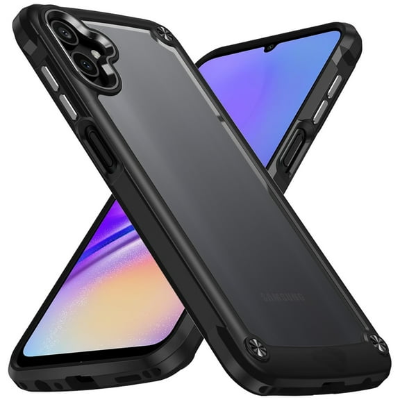 Designed for Samsung Galaxy A05 Hybrid Transparent Rubber with Metal Buttons & Camera Edges Hard TPU Corner Frame Bumper Phone Case Cover [Black]