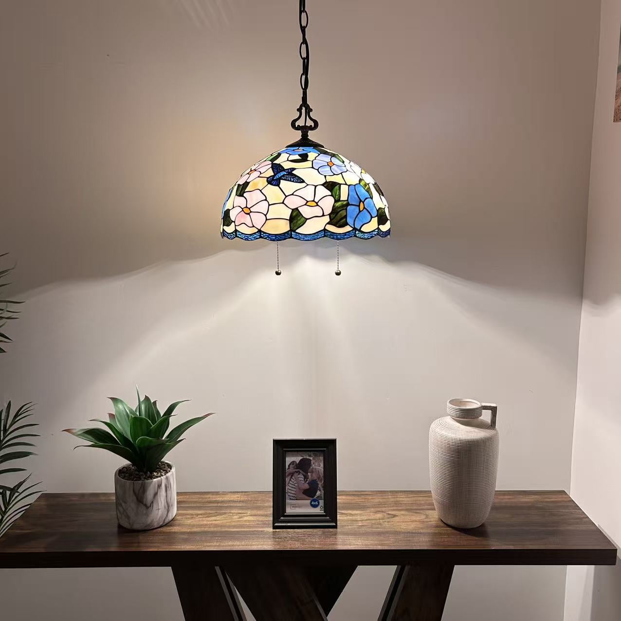 Tiffany Pendant Lights Fixture Pink Blue Stained Glass Hummingbird Flowers LED Bulb 16"W*16"D*75"H