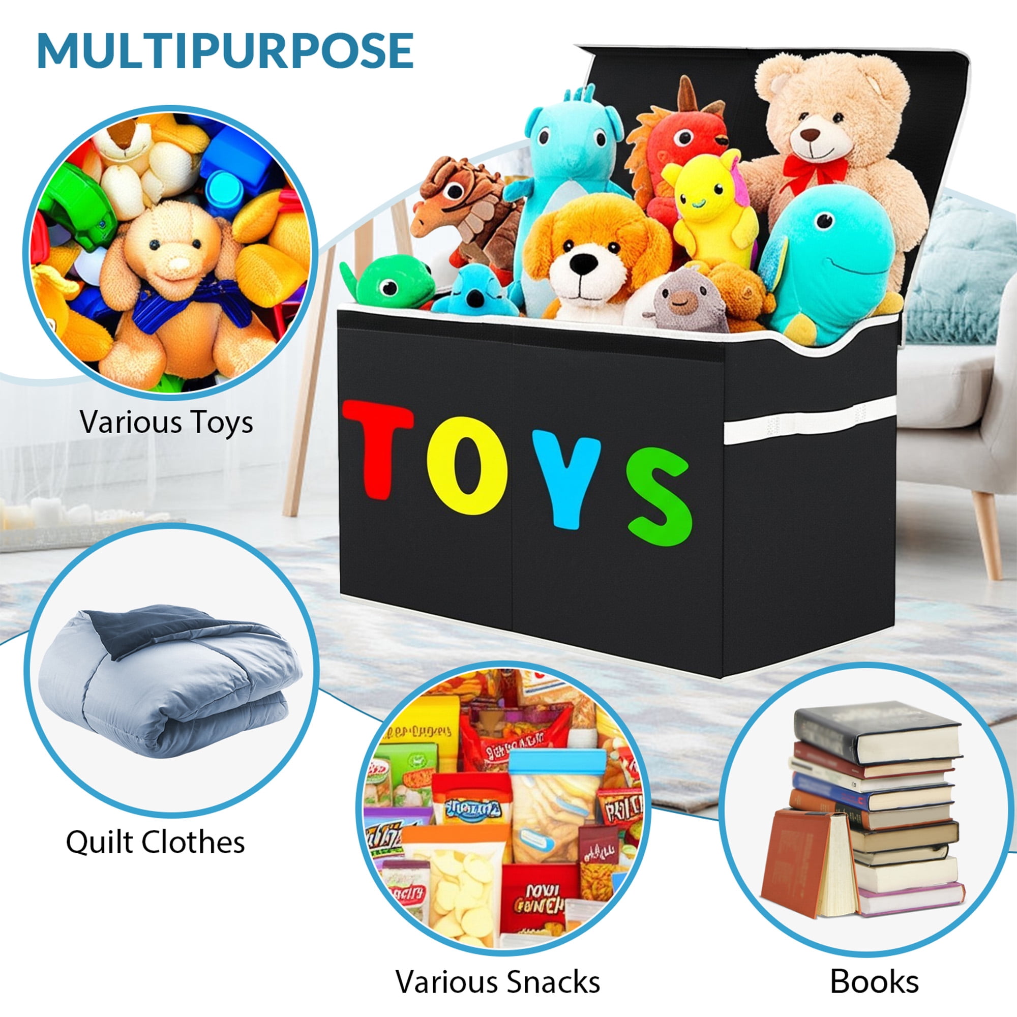 VICTORICH Large Child Collapsible Toy Storage Fabric 32 gal Kids Room Toy Chests, with 1x Extra Large Toy Storage Box with Lid, Black