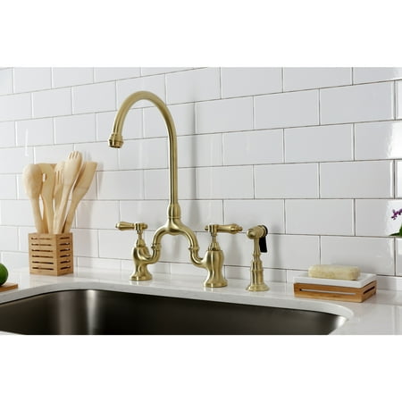 Kingston Brass KS7797BALBS Heirloom Two-Handle 3-Hole Deck Mount Bridge Kitchen Faucet with Brass Side Sprayer in Brushed Brass