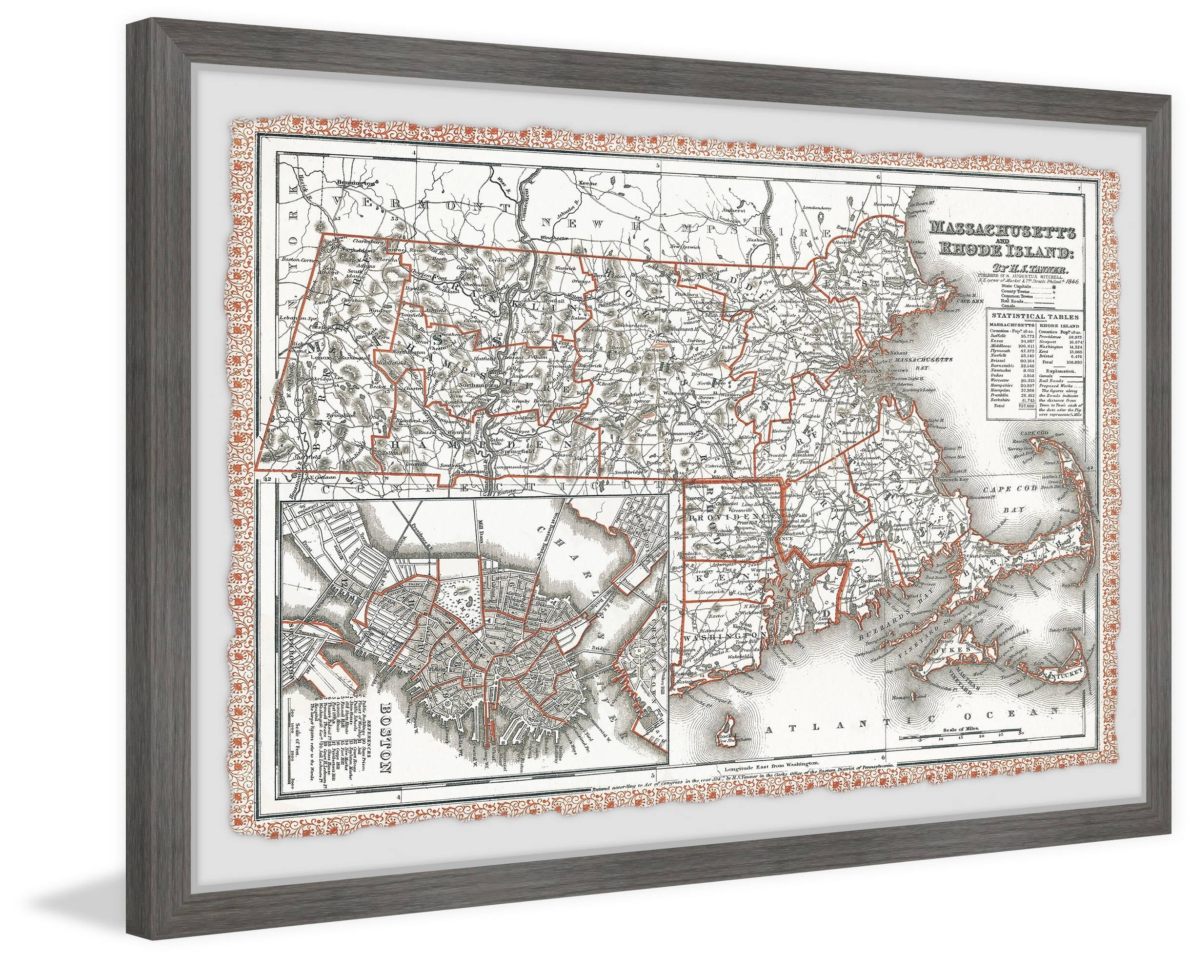 Marmont Hill Vintage Map of Massachusetts Framed Wall Art