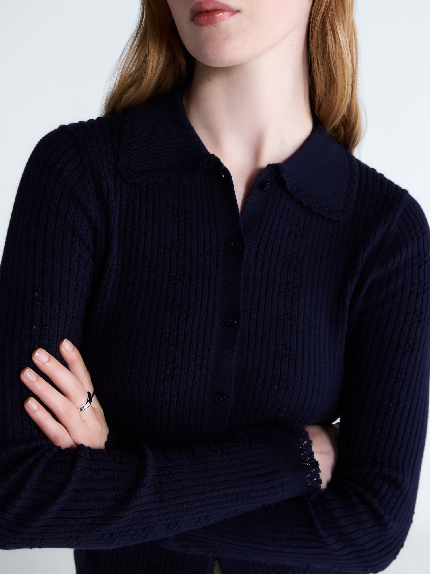 Free Assembly Women's and Women's Plus Pointelle Trim Cardigan Sweater, Lightweight, Sizes XS-4X