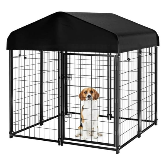 Dog Kennel Outdoor with Roof, 4'x4.2'x4.5' Welded Wire Dog Enclosures for Outside, Heavy Duty Dog Crate with UV-Resistant Waterproof Cover