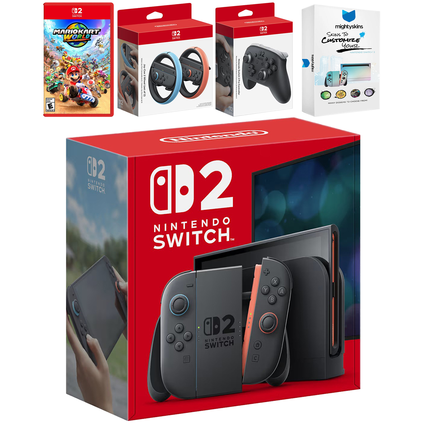 Nintendo Switch 2 Console with Mario Kart World, Pro Controller, Joy Con Wheel and MightySkins Code Bundle