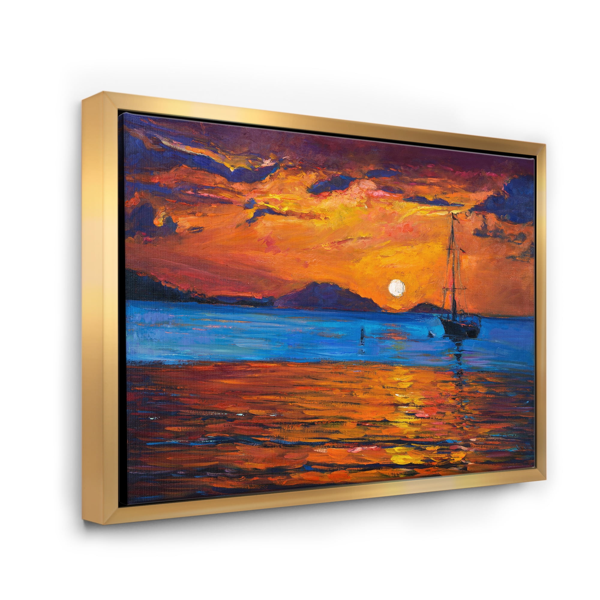 Designart 'Boat At The Lake During Evening Glow IX' Nautical & Coastal Framed Canvas Wall Art Print