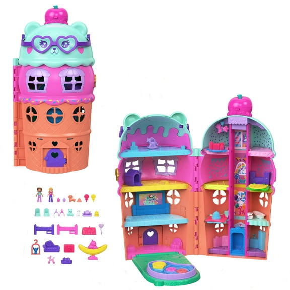 Polly Pocket Dolls and Playset, Gelato House with Elevator, Ice Cream Theme with 25  Accessories including Furniture and Pets