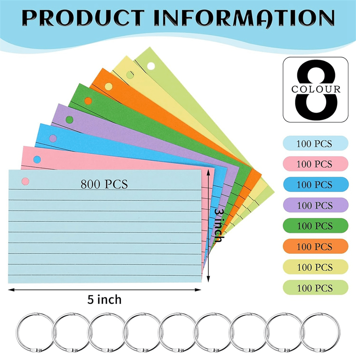 800 PCS Index Cards 3x5 Inches Colored Flash Cards with Ring, Punched Lined Flashc G22074